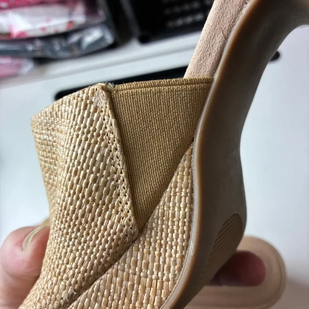 Anne Klein Payge Raffia Block Platform Heels Slip On Sandals 7.5 iFlex Stretch
